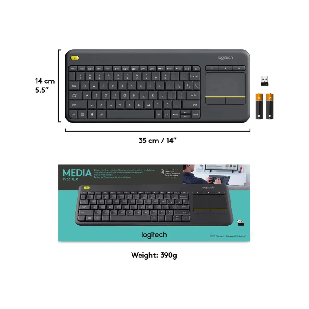 Logitech K400+ - schema met afmetingen, USB-ontvanger en batterijen / dimensions, récepteur USB et piles
