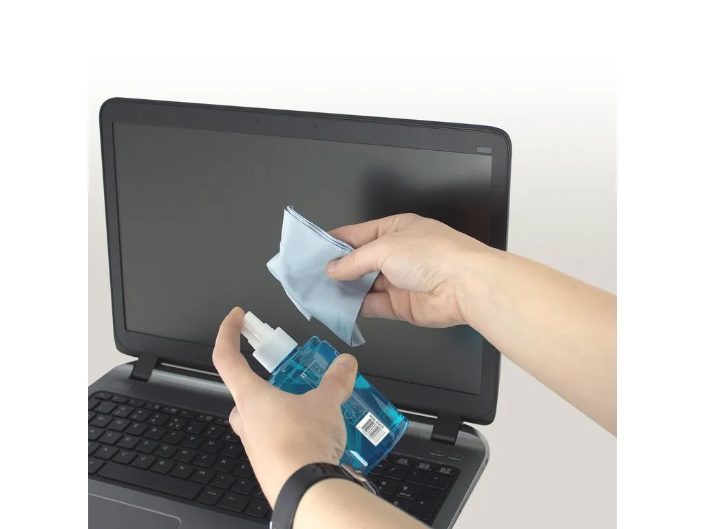 Laptopscherm reinigen met spray en doek / nettoyage d’un écran d’ordinateur avec spray et chiffon